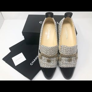Chanel Moccasins Tweed Logo Coin Charm Loafers